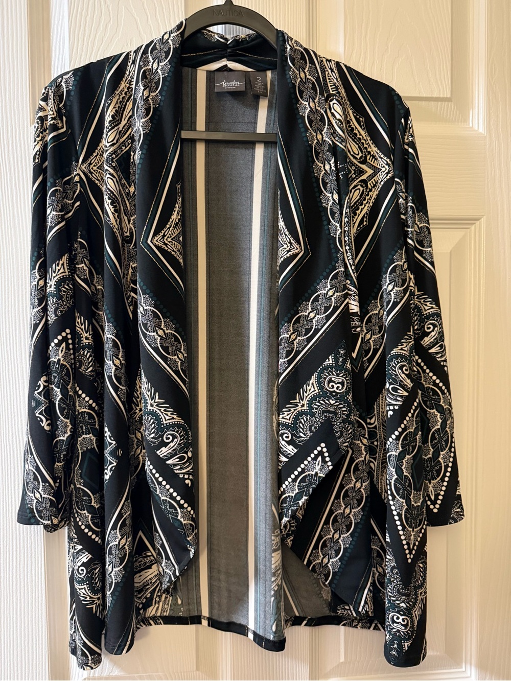 Chico’s travelers multicolor pattern Open Front unconstructed jacket Sz 12